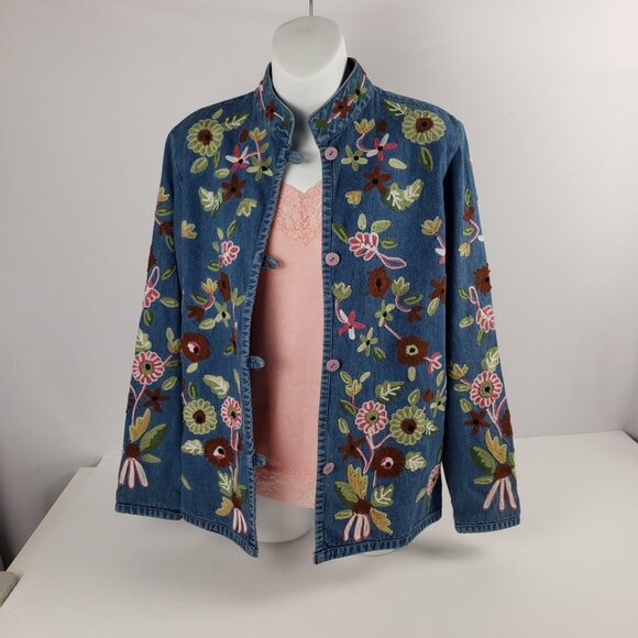 Boston Proper XS Denim Jacket Embroidered Flowers Womens Cotton Jeans Coat - Picture 1 of 15